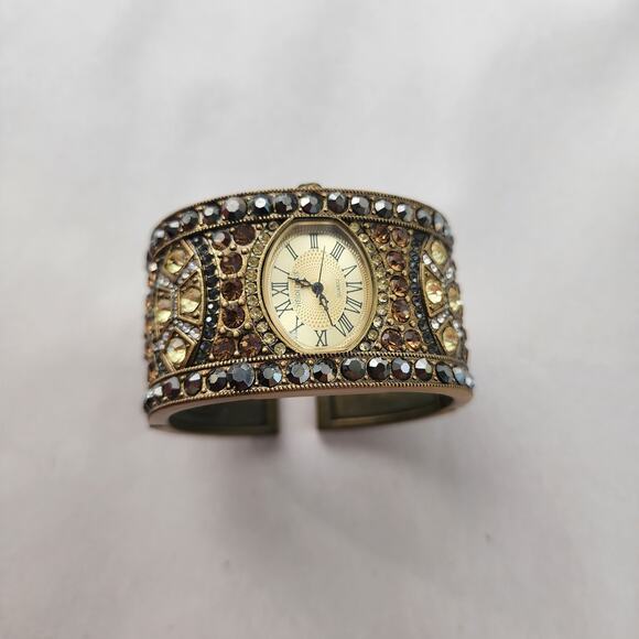 Heidi Daus Hinged Cuff Bracelet Watch Tan Swarovski Crystals Bangle Bronze New - Picture 3 of 11